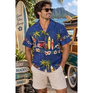 Hawaiian Togs Mens Small Blue Cotton Aloha Shirt Surfboard Woodie Car Made in HI